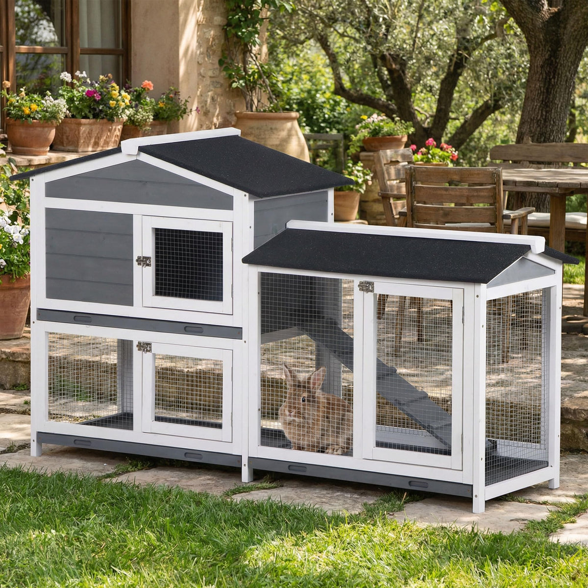 Gray 2-Tier Wooden Rabbit Hutch with Removable Tray O580701