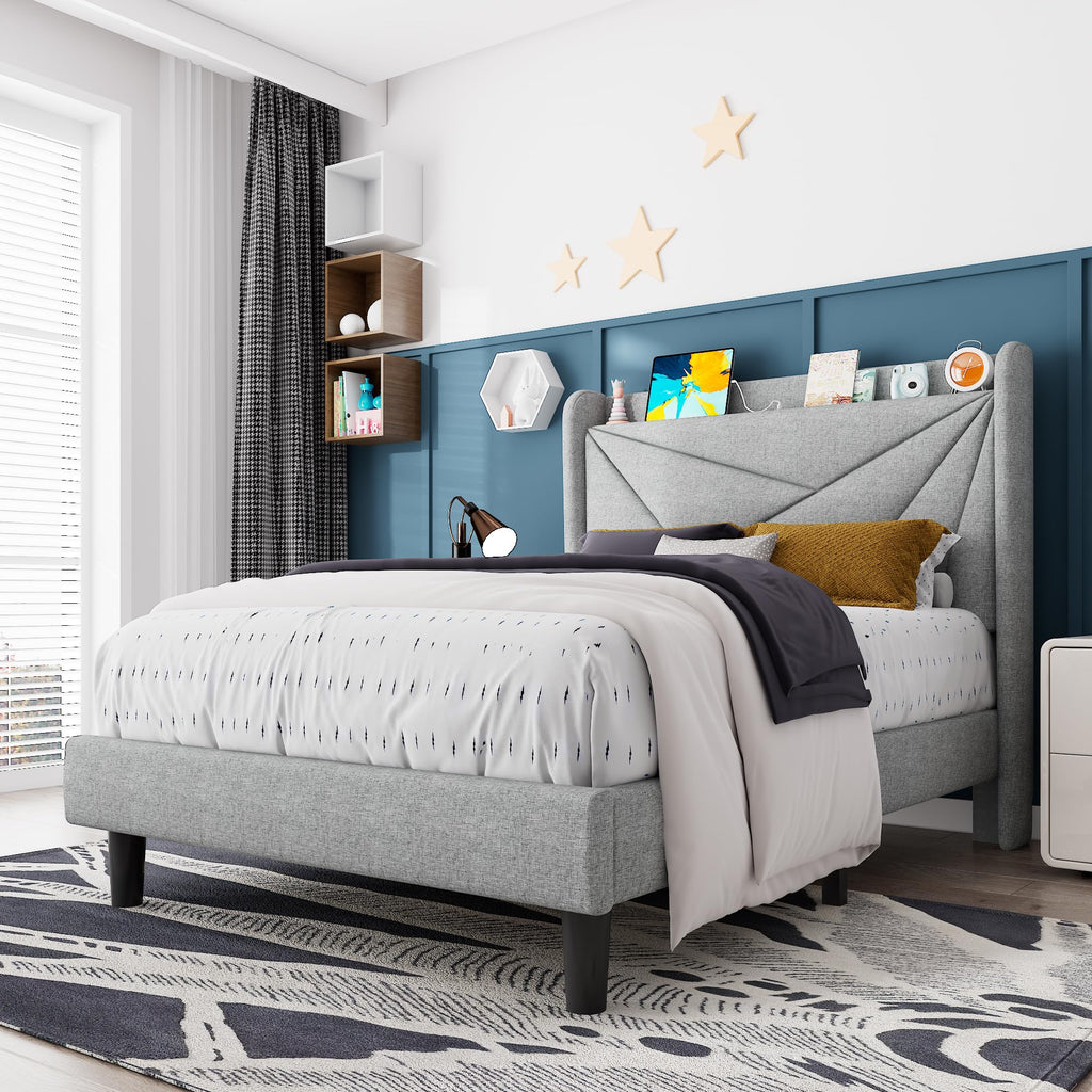 Light Gray Upholstered Twin Bed Frame with Storage Headboard E304989