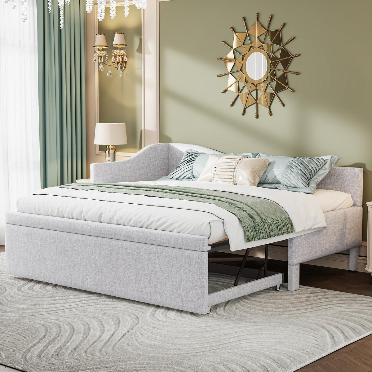 Twin Size Linen Upholstered Daybed with Pop up Trundle B391