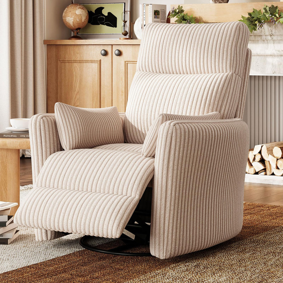 360 Swivel Recliner Chair with 2 Pillows Beige Corduroy G55016