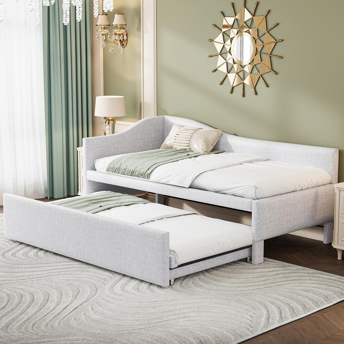 Twin Size Linen Upholstered Daybed with Pop up Trundle B391