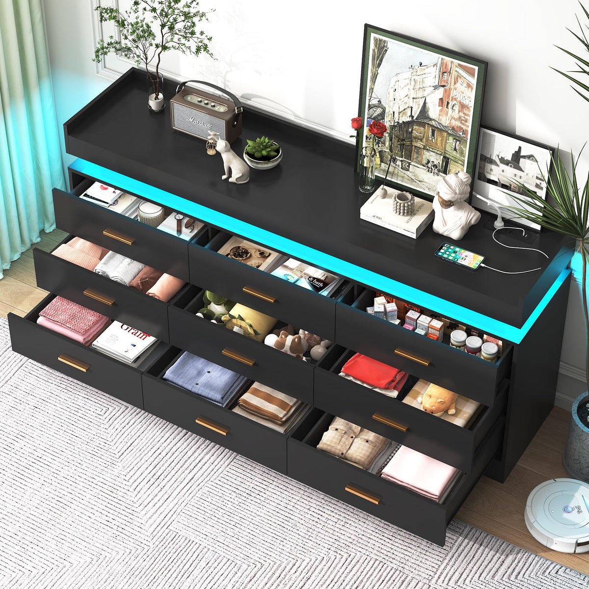 Black 9 Drawer Dresser with Charging Station and LED Lights U57051