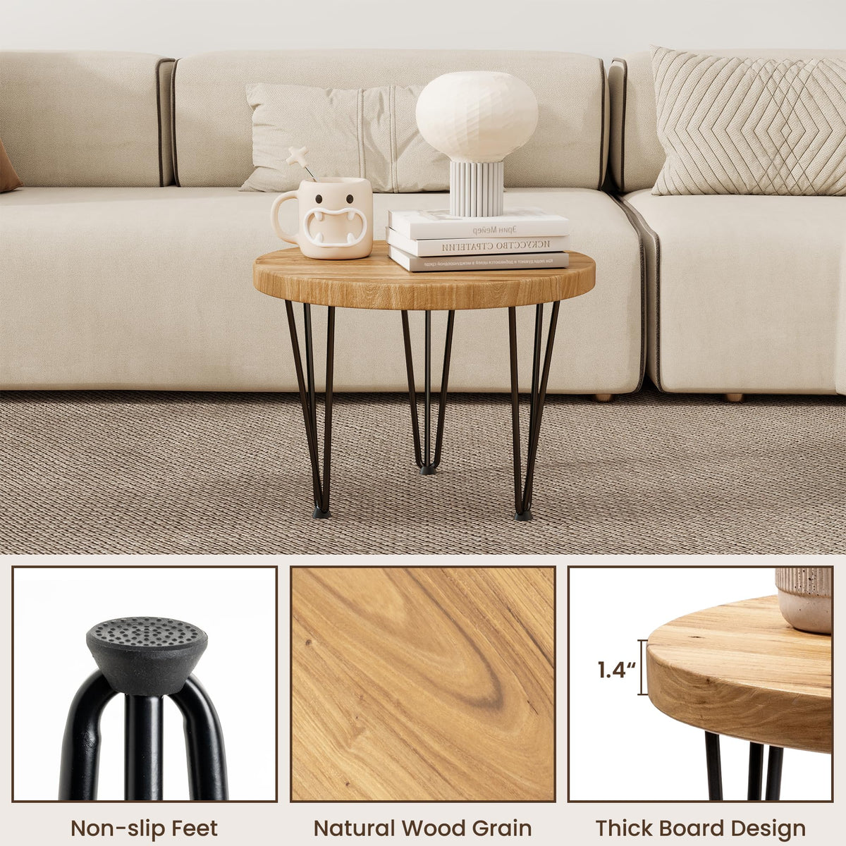 Round Elm Wood Nesting Coffee Table with Metal Legs P2543