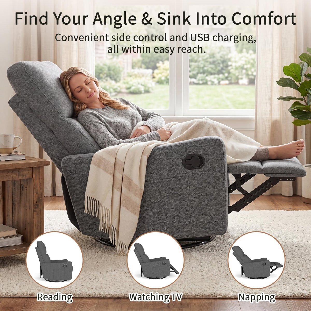 Light Brown Velvet Swivel Rocker Recliner Chair Y695775