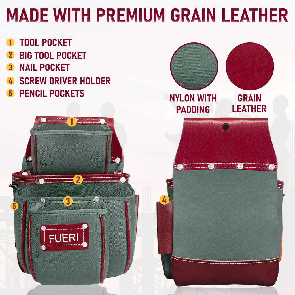 Nylon Grain Leather Carpenter Tool Belt with Padded Belt and Hammer Holder D847900